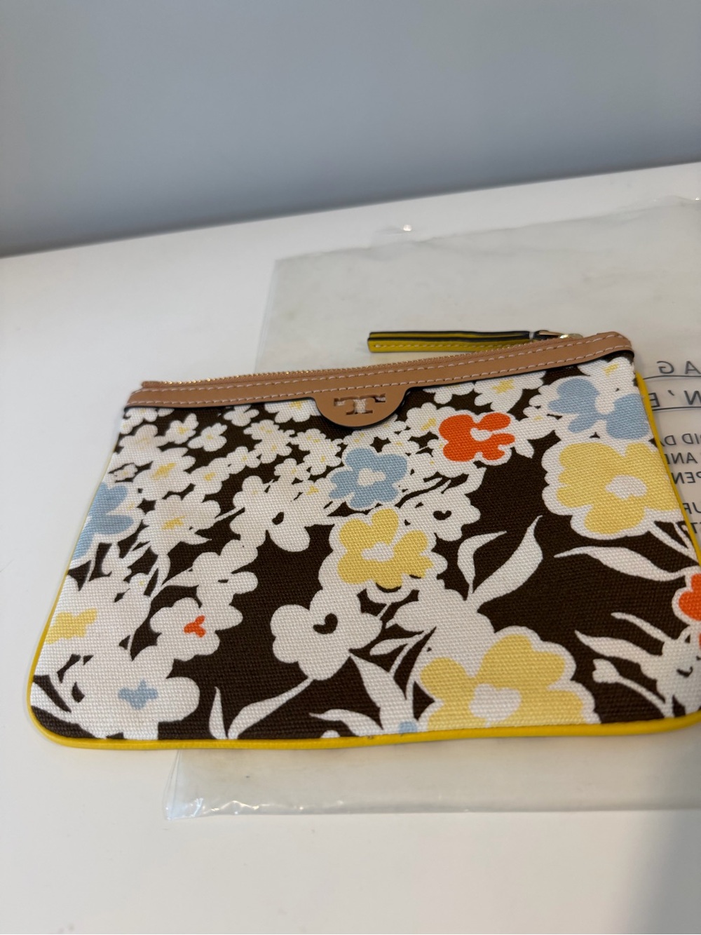 Tory Burch Brown Floral Canvas Zip Pouch with Yellow Trim